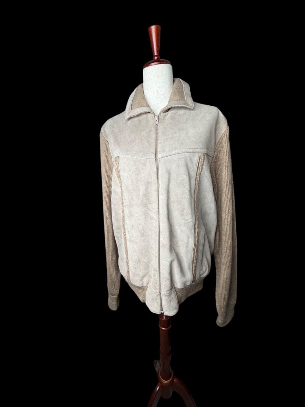 Vintage 1970s Classic Directions Suede Ribbed Knit Panels Bomber Jacket Preppy
